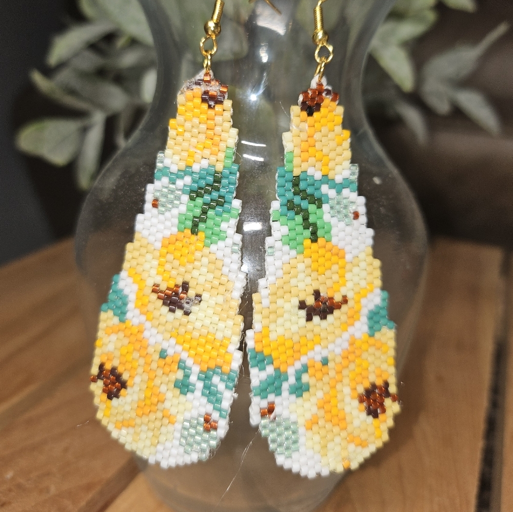 Handmade Beaded Yellow Peony Drop Earrings